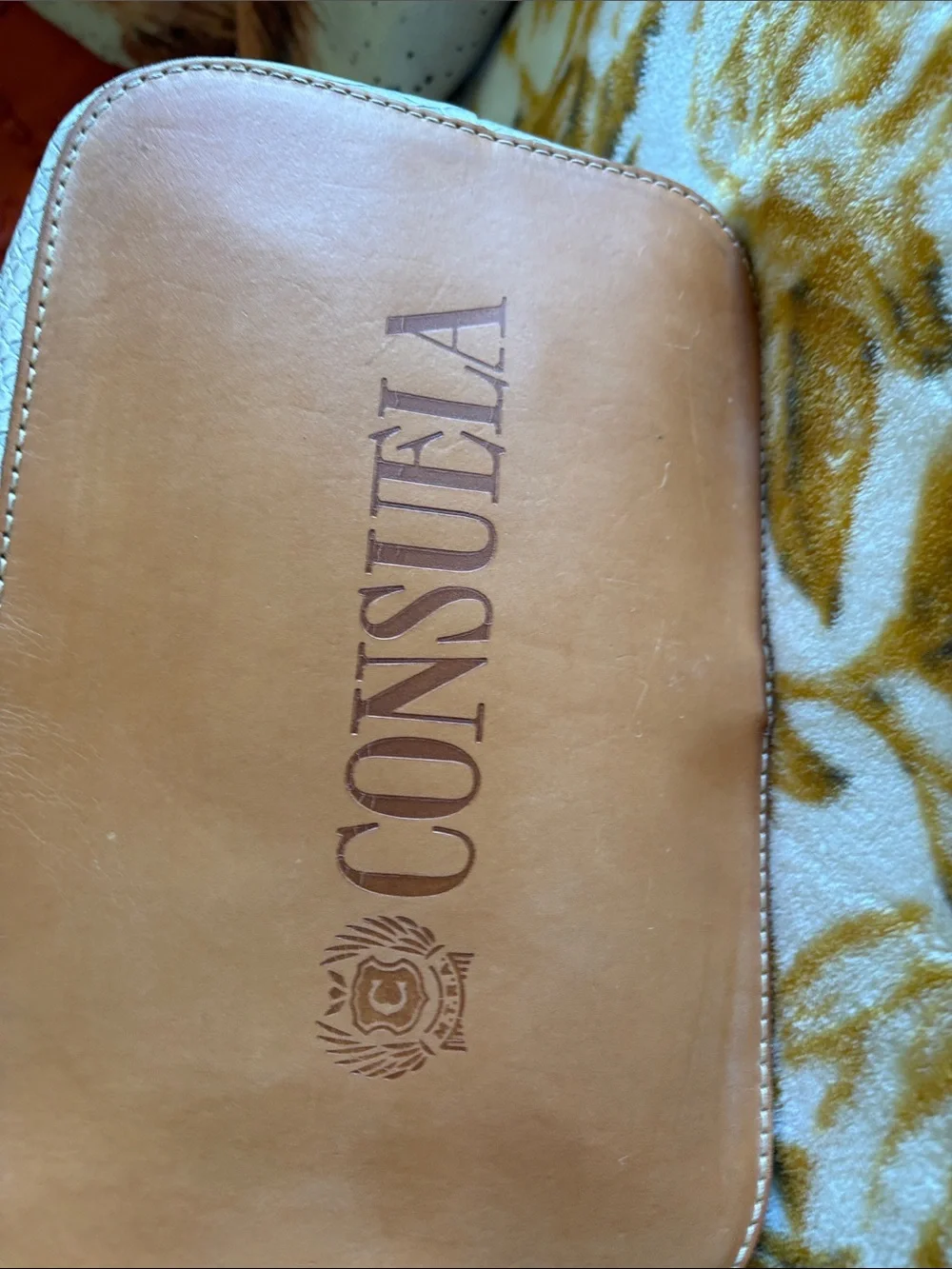 Consuela Thunderbird Cream Textured Tote with Tan Handles and Patterned Strap